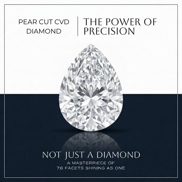 loose-pear-cut-lab-diamond Pear cut lab diamond displaying brilliant classic faceting on a reflective surface with a blue background