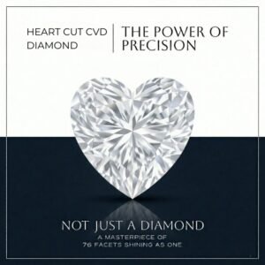 Loose heart cut lab diamond showing 76 facets with the text the power of precision