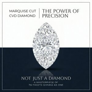 Premium loose marquise cut lab diamond standing vertically on a light gray surface with a blue background