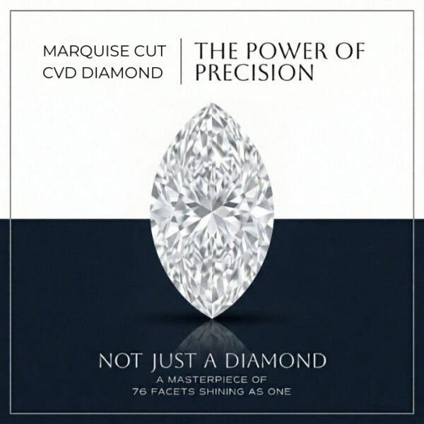 Premium loose marquise cut lab diamond standing vertically on a light gray surface with a blue background