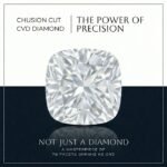 Premium loose cushion cut lab diamond displaying fiery brilliant faceting on a reflective light gray surface with a blue background