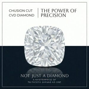 Premium loose cushion cut lab diamond displaying fiery brilliant faceting on a reflective light gray surface with a blue background