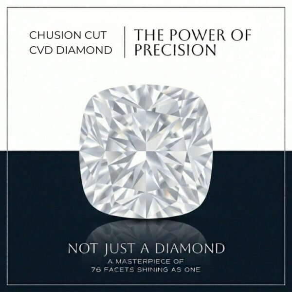Premium loose cushion cut lab diamond displaying fiery brilliant faceting on a reflective light gray surface with a blue background
