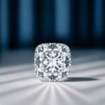 Premium loose cushion cut lab diamond displaying fiery brilliant faceting on a reflective light gray surface with a blue background