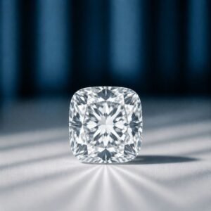 Premium loose cushion cut lab diamond displaying fiery brilliant faceting on a reflective light gray surface with a blue background