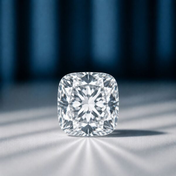 Premium loose cushion cut lab diamond displaying fiery brilliant faceting on a reflective light gray surface with a blue background