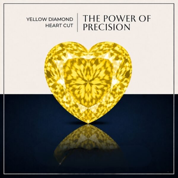 Premium macro view of a loose vibrant canary yellow heart cut lab grown diamond resting on a neutral professional background, showcasing brilliant faceting.