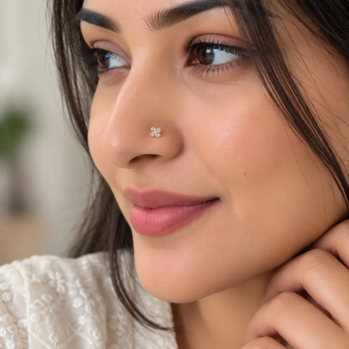 Infinity Swirl Lab Grown Diamond Nose Pin on Woman Model