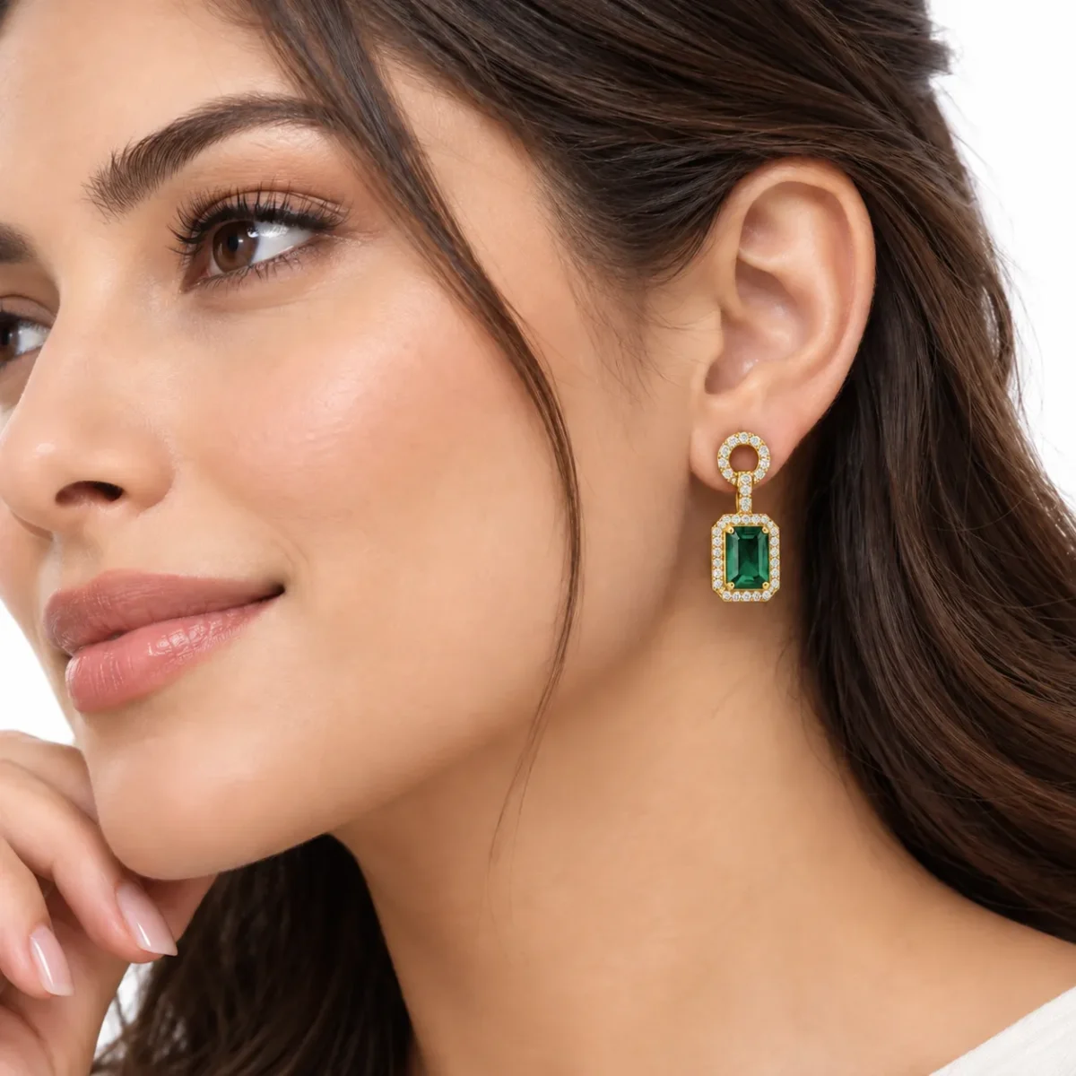 Luxury Emerald & Lab Grown Diamond Halo Drop Earrings for Women – 18k Gold - Image 4