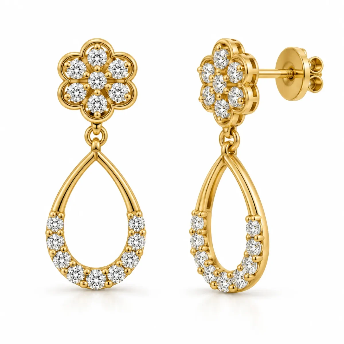 Elegant Floral Teardrop Lab Grown Diamond Drop Earrings for Women – 18k Gold - Image 3