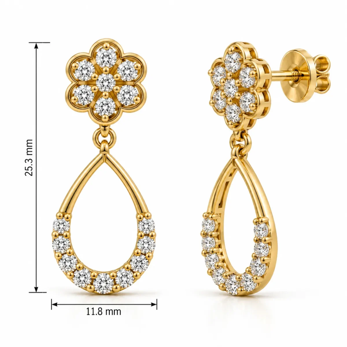 Elegant Floral Teardrop Lab Grown Diamond Drop Earrings for Women – 18k Gold - Image 2