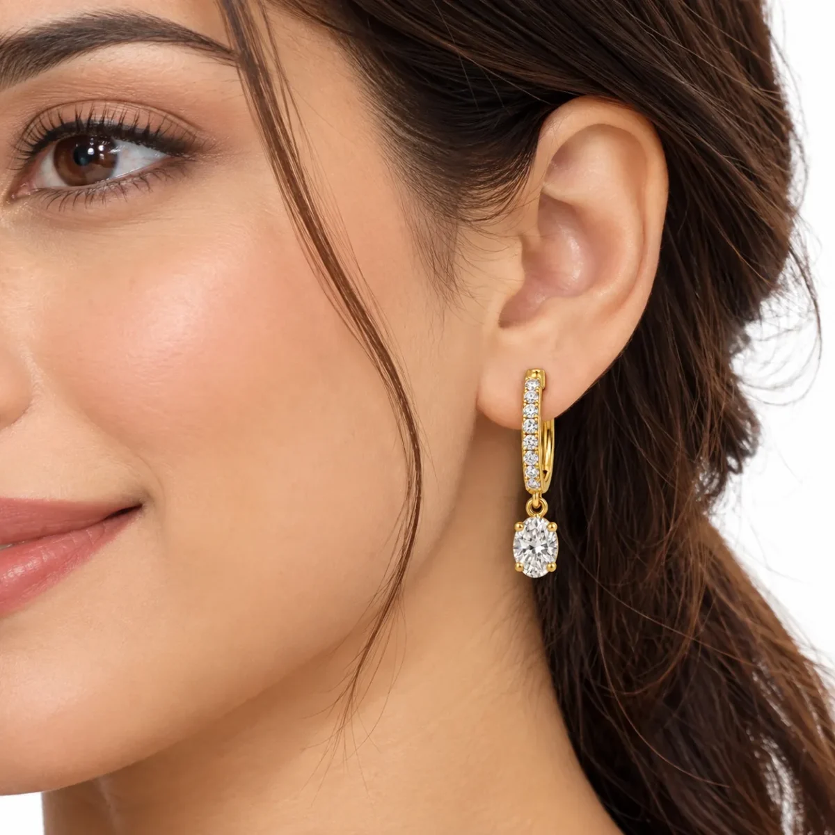 Oval Lab Grown Diamond Drop Hoop Earrings for Women in 18k Gold - Image 4