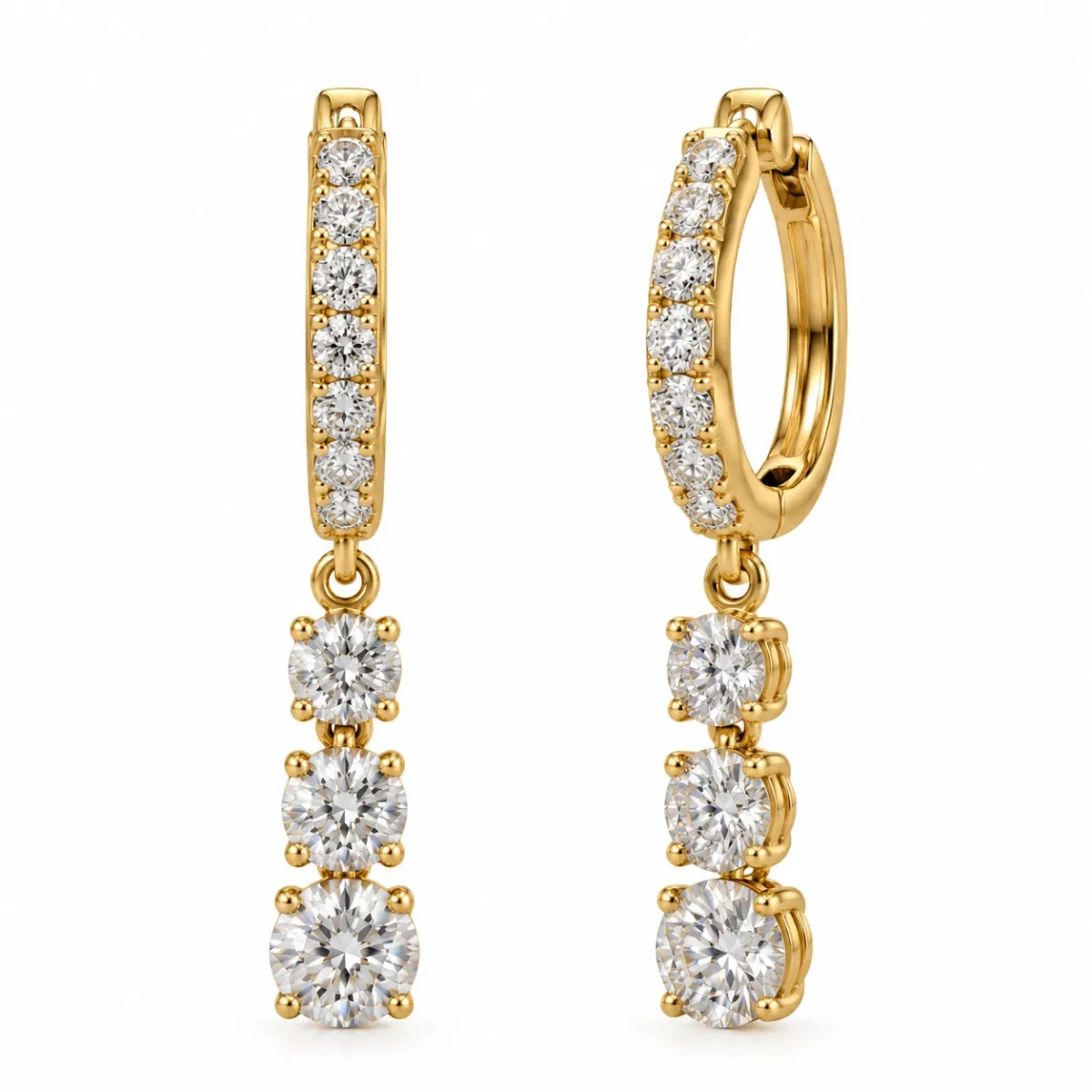 Three Stone Round Lab Grown Diamond Drop Hoop Earrings for Women in 18k Gold - Image 2
