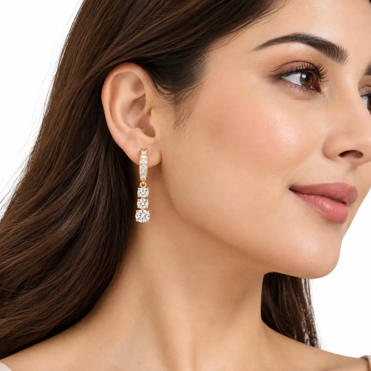 Three Stone Round Lab Grown Diamond Drop Hoop Earrings for Women in 18k Gold - Image 4