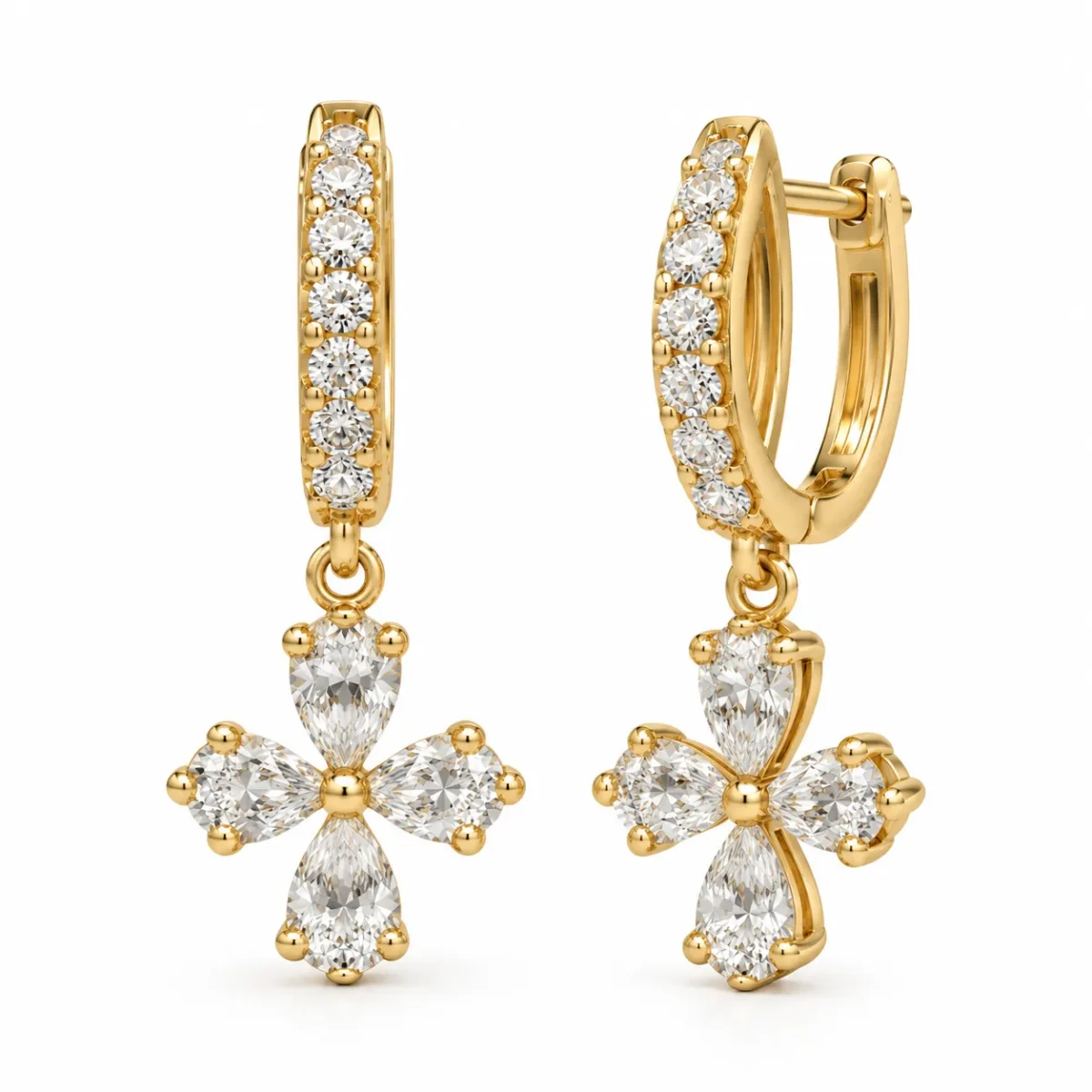 Elegant Pear Cut Four Petal Lab Grown Diamond Drop Earrings for Women in 18k Gold - Image 2