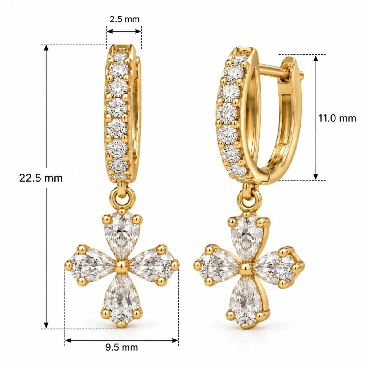 Elegant Pear Cut Four Petal Lab Grown Diamond Drop Earrings for Women in 18k Gold - Image 3