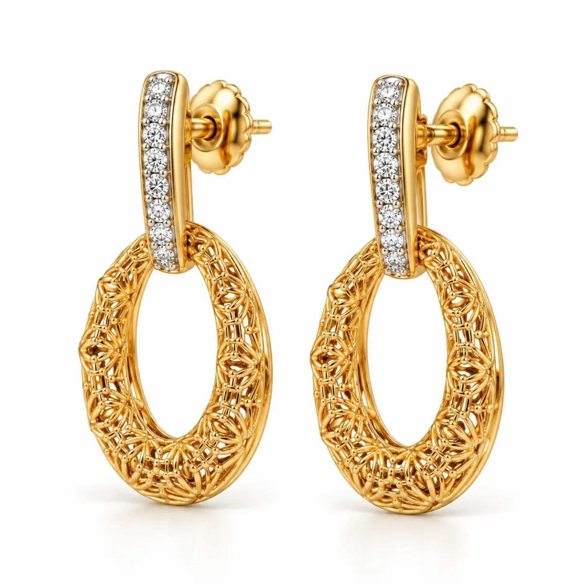 18K Gold Lab Certified Lab Grown Diamond Filigree Hoop Drop Earrings for Women - Image 2