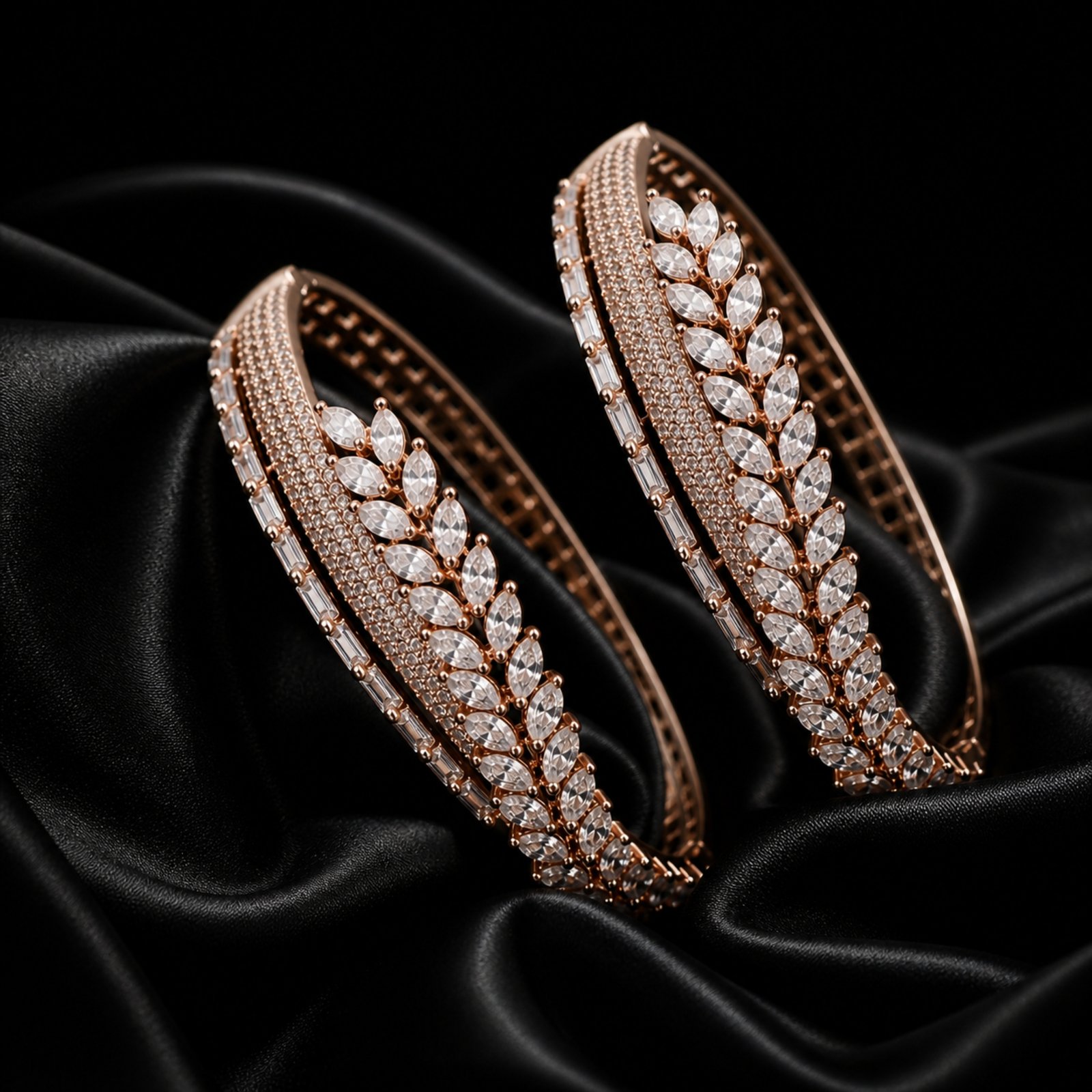 CVD lab grown diamond bangles in rose gold with marquise and baguette cut stones floral design