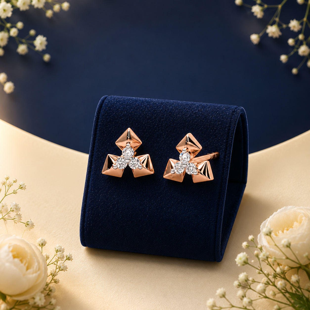 rose-gold-geometric-studs-pyramid-earrings 14k rose gold geometric studs featuring a 3-point pyramid motif with a central diamond cluster, resting on a dark blue velvet display stand.