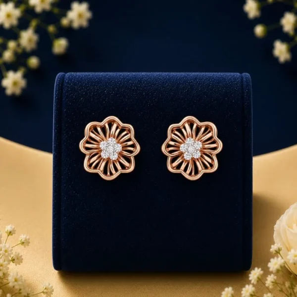 Floral lab diamond stud earrings in rose gold with sparkling flower design