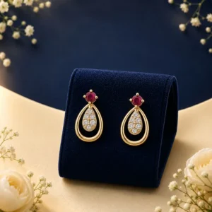 Ruby accent lab diamond teardrop earrings in yellow gold with sparkling pave diamonds