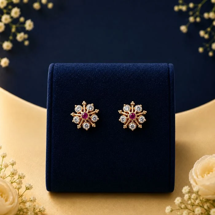 Luxury Floral Ruby and Lab Diamond Stud Earrings for Women Floral ruby lab diamond stud earrings in yellow gold with sparkling round diamonds