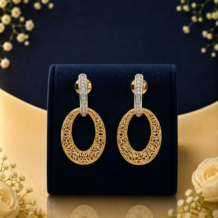Luxury Designer Oval Gold Earrings for Women Designer oval gold drop earrings with intricate filigree design and lab grown diamond accents
