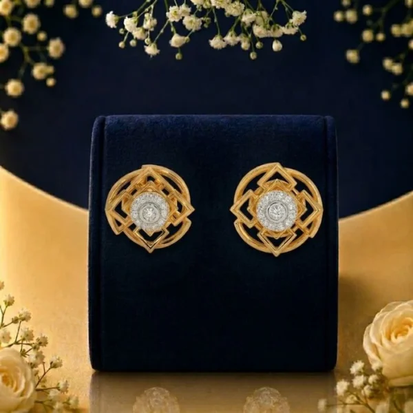 Geometric diamond stud earrings in gold with circular designer pattern and lab grown diamonds