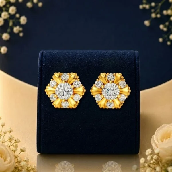 Floral Lab Diamond Earrings with Round Brilliant Center Stone and Gold Flower Design