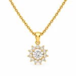 Round halo diamond pendant in gold for women with round centre stone and diamond halo