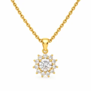 Round halo diamond pendant in gold for women with round centre stone and diamond halo