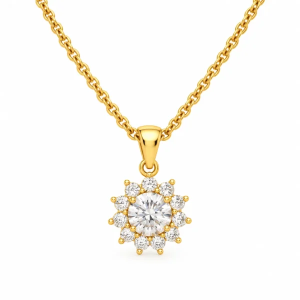 Round halo diamond pendant in gold for women with round centre stone and diamond halo