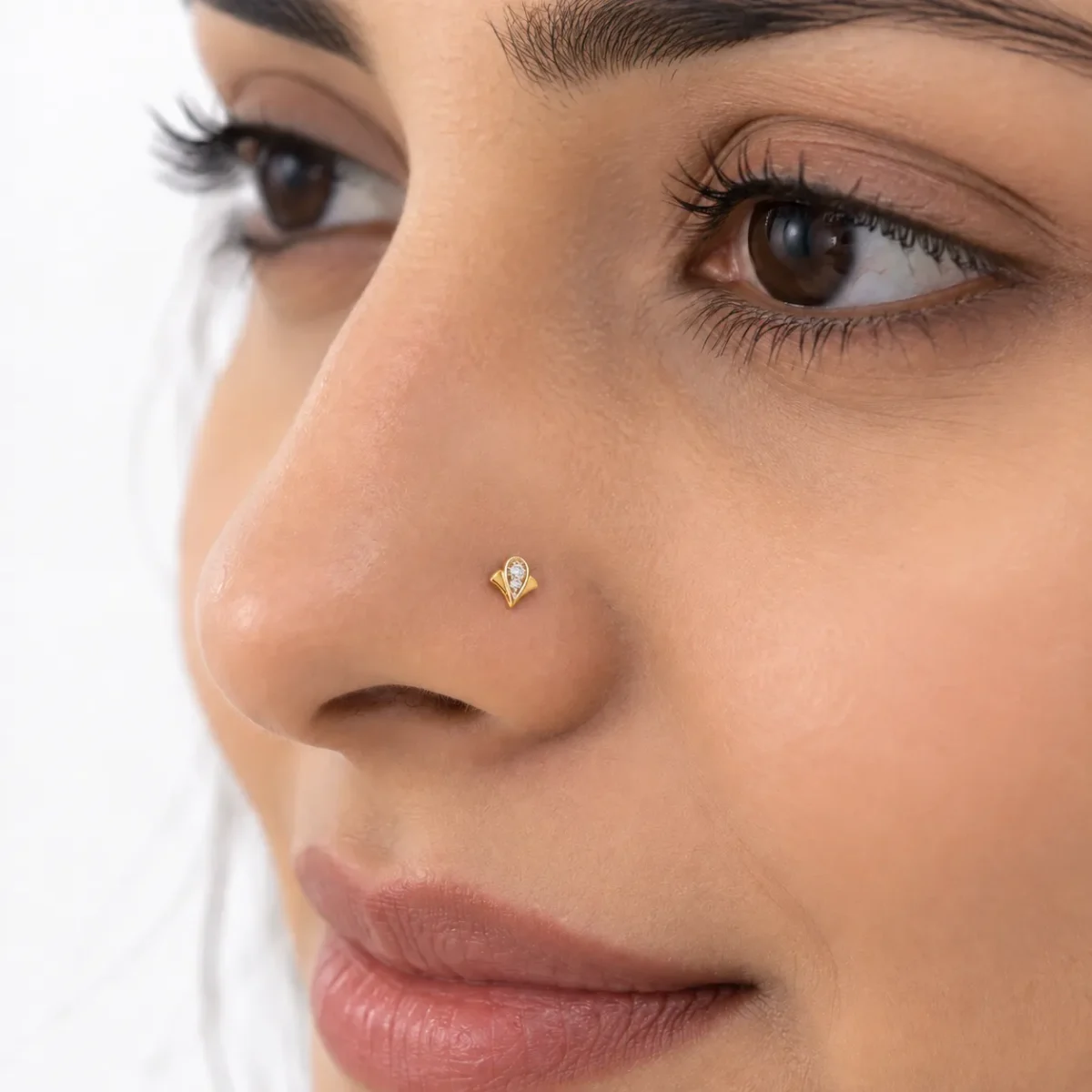 Golden Petal Lab Grown Diamond Nose Pin in 18K Gold on Model