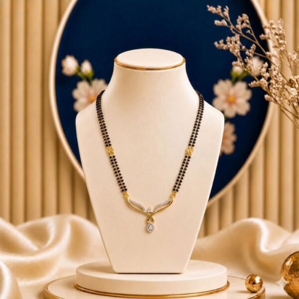 Teardrop Halo Diamond Mangalsutra featuring a graceful teardrop-shaped halo pendant adorned with sparkling lab-grown diamonds and elegant black bead chain detailing.