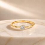 Minimalist round halo lab diamond ring in yellow gold with sparkling pavé diamond cluster