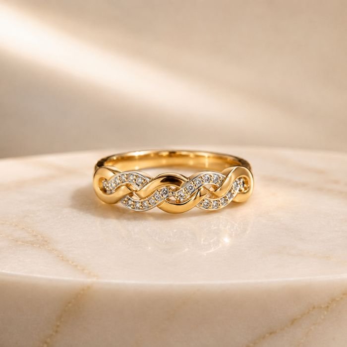 Infinity Weave Lab Diamond Band Ring in Yellow Gold Infinity weave lab diamond band ring in yellow gold with pavé-set round diamonds