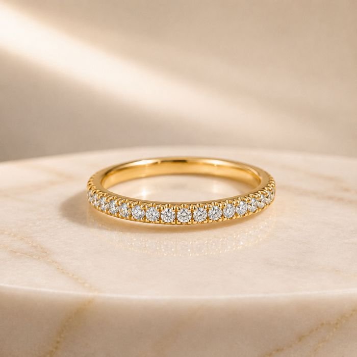 Half Eternity Lab Diamond Band Ring in Yellow Gold Half eternity lab diamond band ring in yellow gold featuring round brilliant diamonds