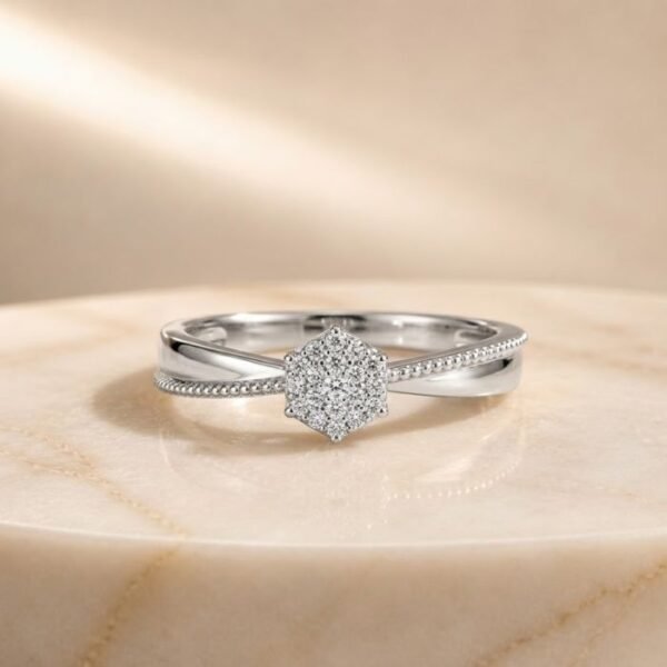 Floral cluster lab diamond twist ring in white gold featuring a sparkling flower-shaped diamond center