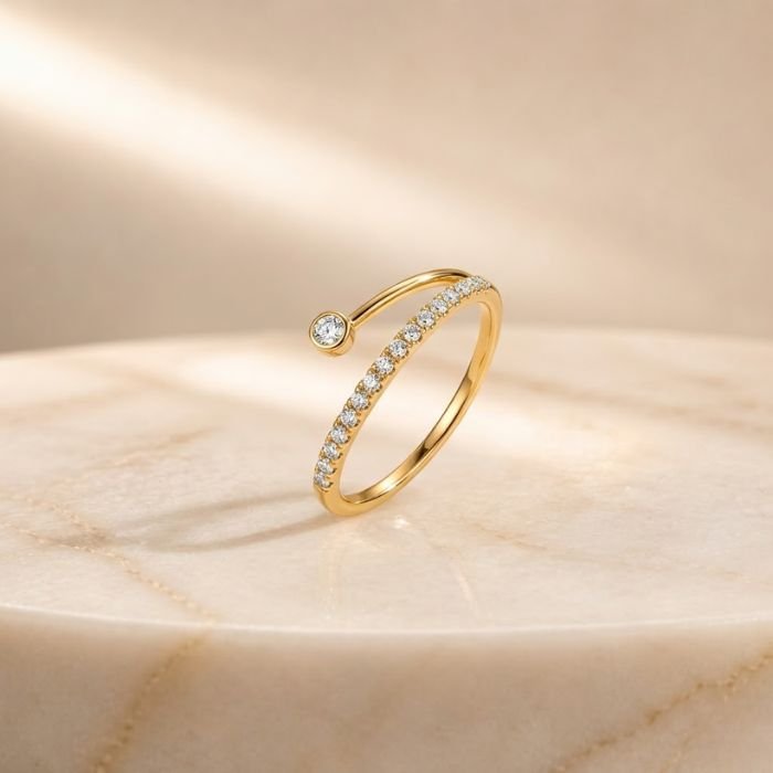 Open Wrap Lab Diamond Pavé Ring in Yellow Gold Open wrap lab diamond pavé ring in yellow gold with bezel-set round diamond accent