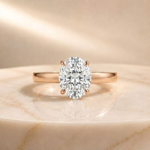 Oval solitaire lab diamond engagement ring in rose gold with a brilliant oval-cut center diamond