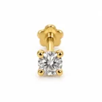 Lumi Solitaire Lab Grown Diamond Nose Pin in yellow gold, side angle showing round diamond and flower-shaped screw lock.