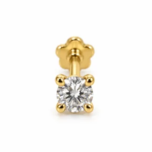 Lumi Solitaire Lab Grown Diamond Nose Pin in yellow gold, side angle showing round diamond and flower-shaped screw lock.