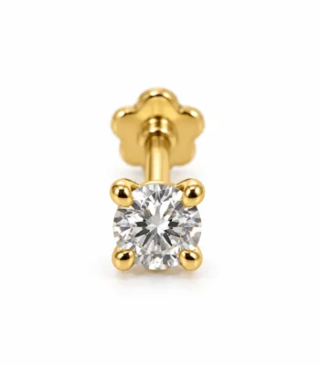 Lumi Solitaire Lab Grown Diamond Nose Pin in yellow gold, side angle showing round diamond and flower-shaped screw lock.