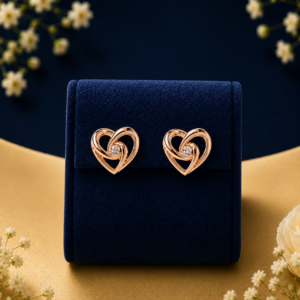 Pair of intertwined rose gold lab-grown diamond heart stud earrings displayed on a blue velvet stand.