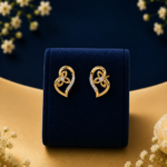 14k gold heart diamond studs with a floral motif design inside, displayed on a dark blue velvet box with white flowers.