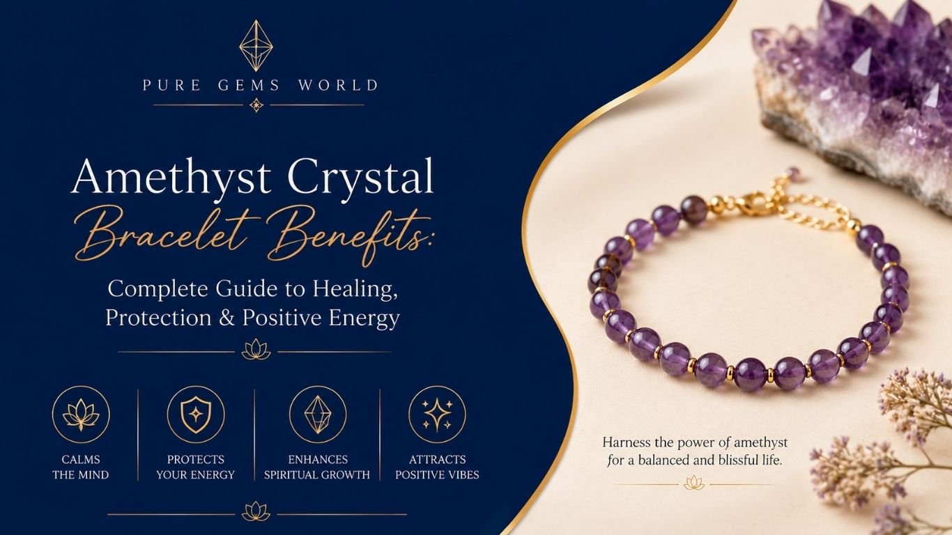 Elegant amethyst crystal bracelet displayed on a royal blue and cream background, showcasing healing, protection, spiritual growth, and positive energy benefits by Pure Gems World.