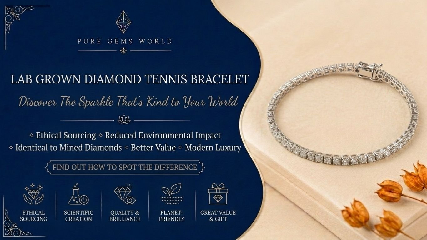 Lab grown diamond tennis bracelet in white metal setting displayed on a beige surface, showcasing ethical and sustainable luxury jewelry from Pure Gems World.