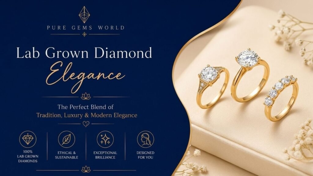 Three elegant gold lab-grown diamond rings displayed on a luxury beige platform, showcasing sustainable, ethical, and modern fine jewelry craftsmanship