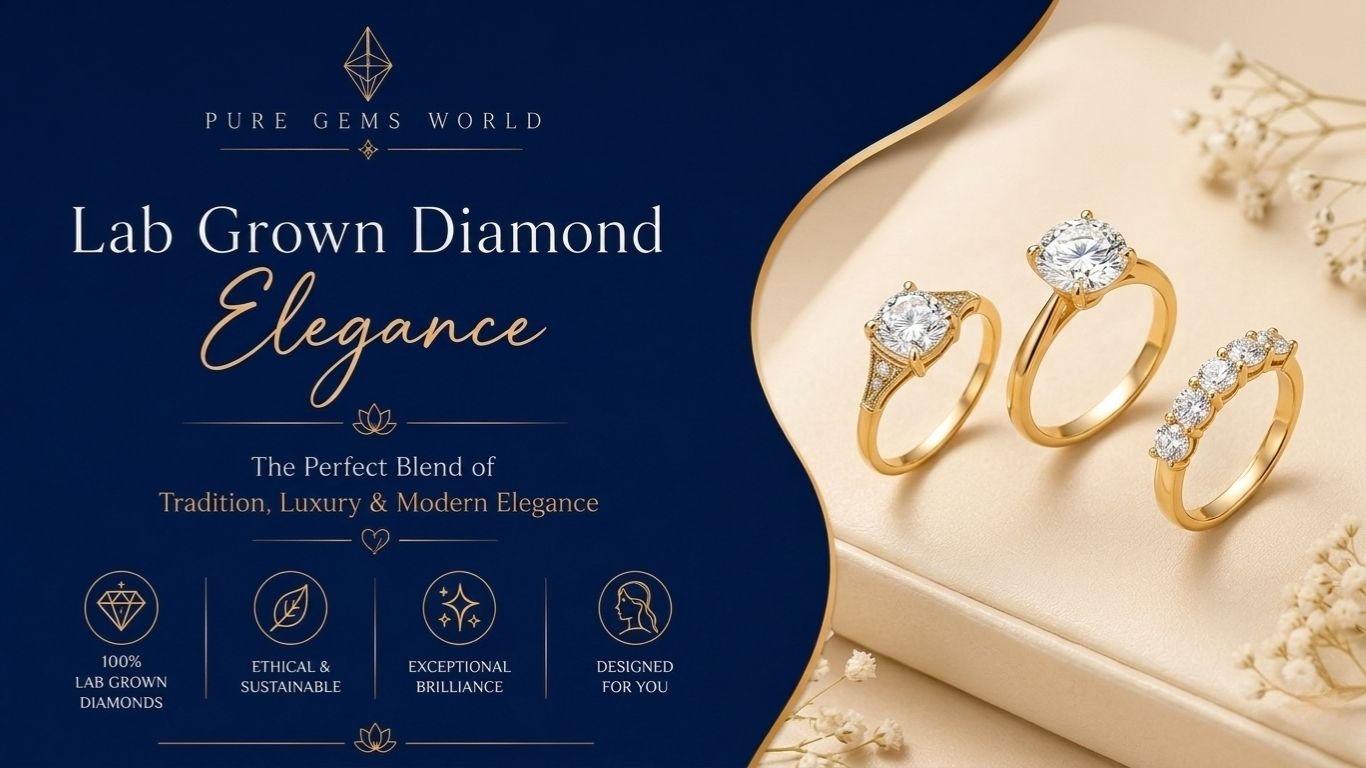 Three elegant gold lab-grown diamond rings displayed on a luxury beige platform, showcasing sustainable, ethical, and modern fine jewelry craftsmanship