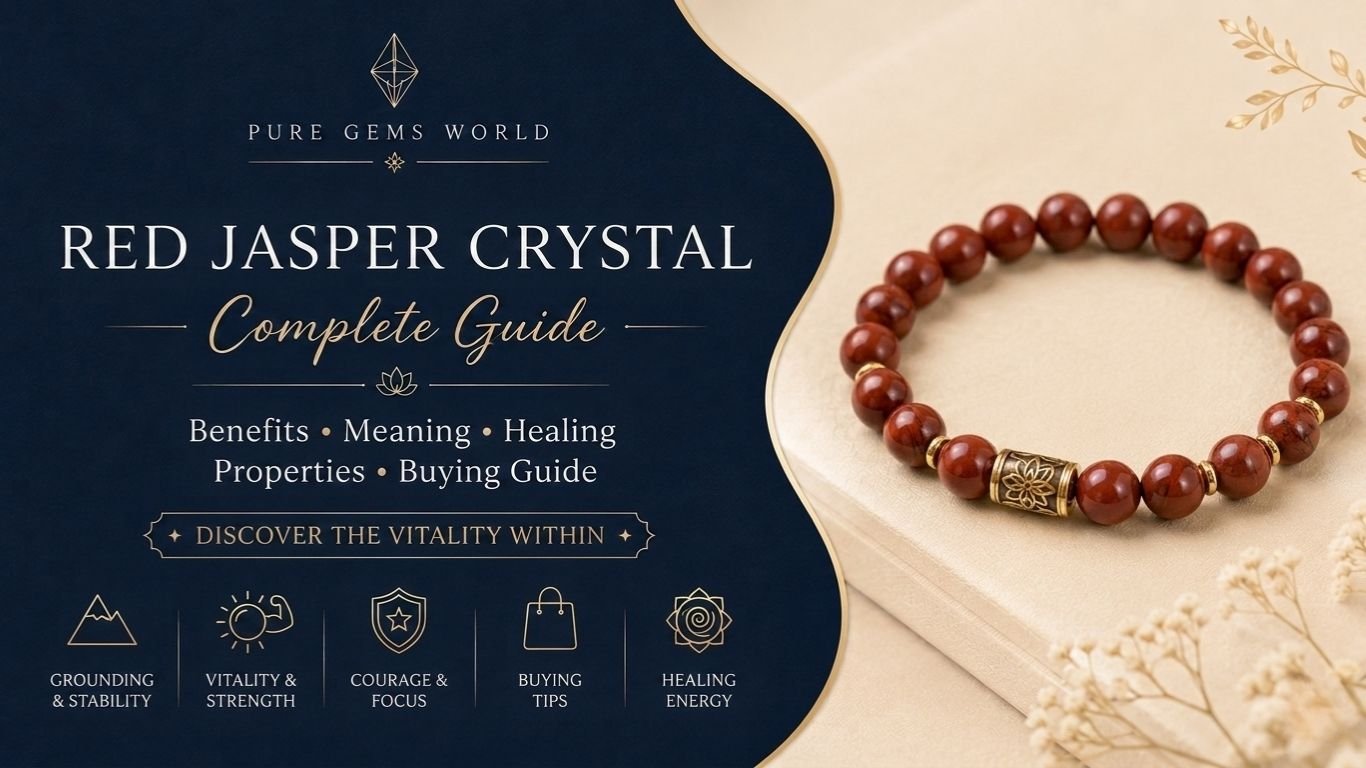 Natural Red Jasper Crystal Bracelet complete guide featuring meaning, benefits, healing properties, buying guide, grounding stone, and authentic crystal bracelet by Pure Gems World.